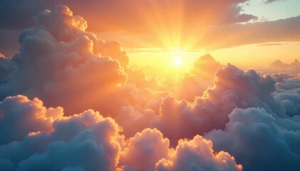 Fototapeta premium Warm sunlight streams through fluffy clouds, illuminating a tranquil landscape with a golden glow Perfect for nature, weather, and serenity themes , atmosphere, sunlight rays