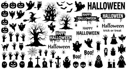 Collection of black halloween icons and symbols isolated on transparent background