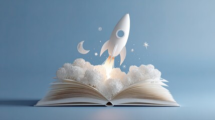A white rocket launching from an open book, symbolizing imagination and the start of a new adventure.