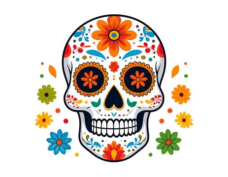 Colorful sugar skull design with decorative flowers