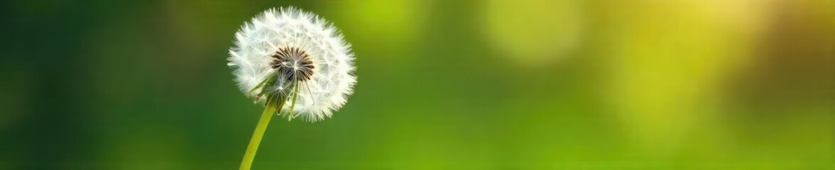 Fototapeta premium A single, delicate dandelion seedhead poised on a slender stem, ready to take flight on the wind, symbolizes hope and new beginnings , wallpaper, bright, background