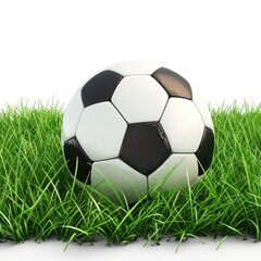 Obraz premium A classic black and white soccer ball rests in a bed of vibrant green grass against a stark white background, suggesting a sense of readiness for a game