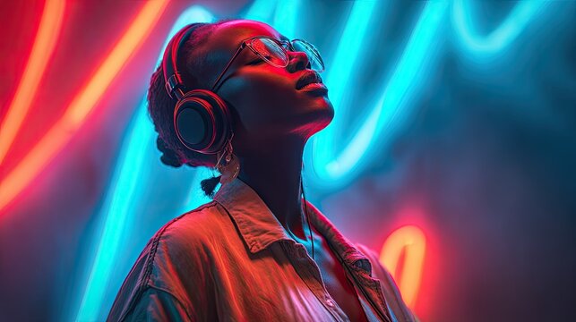A woman with headphones on, eyes closed, bathed in the vibrant glow of red and blue neon lights.