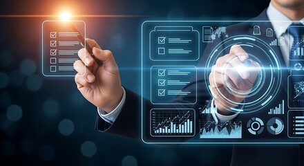 Professional businessman analyzing digital data with interactive dashboard for strategic business growth