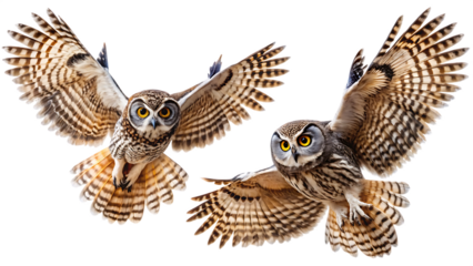 Two owls in flight with wings spread wide on a background bird wildlife isolated on a transparent background