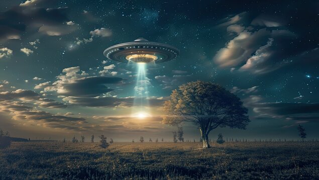 A classic flying saucer hovers over a tranquil field at dawn, its beam illuminating a lone tree; the night sky is filled with stars