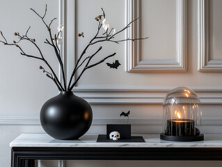 A sleek black ceramic vase with bare black branches and a single white orchid, a metal skull paperweight, a minimalist burning black candle, delicate bat-shaped place cards, and a glass dome covering 