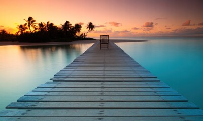 Fototapeta premium Wooden pier at sunset, tranquil tropical island