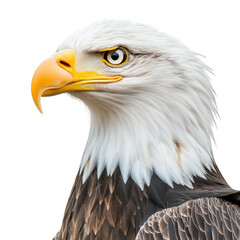 Fototapeta premium A majestic bald eagle with striking yellow beak and piercing eyes. perched against a clean white background. its impressive feathers and fierce demeanor. ideal for wildlife photography