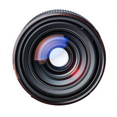A close-up shot of a camera lens, showcasing its intricate internal structure and circular design against a clean white background