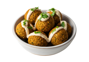 Delicious falafel balls with tahini sauce isolated on transparent background, a popular middle eastern snack or meal made from chickpeas or fava beans