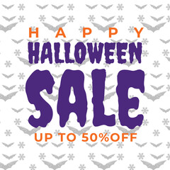 Obraz premium Happy Halloween Sale Banner: A vibrant Halloween banner features Happy Halloween SALE in bold, spooky lettering, along with a promotional offer UP TO 50% OFF.