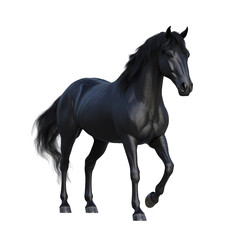 Obraz premium A majestic black horse gracefully trotting across a bright. white background. its sleek coat and strong physique. ideal for equestrian-themed projects or animal photography