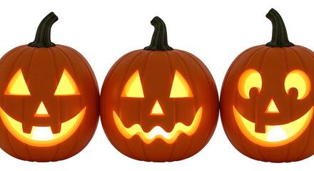 Three carved glowing jackolanterns isolated on transparent background