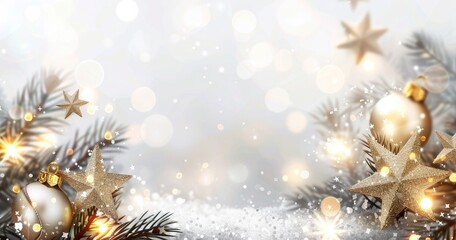 A festive winter scene featuring shimmering ornaments, star decorations, and evergreen branches dusted with snow against a bokeh background