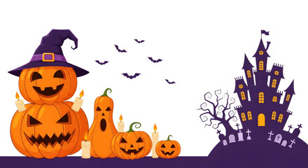 Halloween scene with pumpkins, haunted house, and bats isolated on transparent background