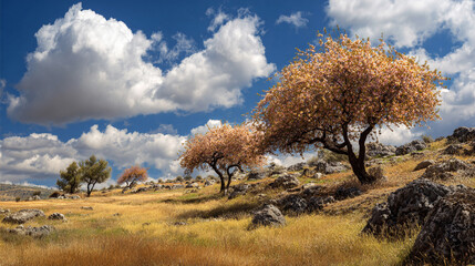 Fototapeta premium Blossoming trees on a rocky hillside under a blue sky with fluffy clouds a beautiful spring landscape
