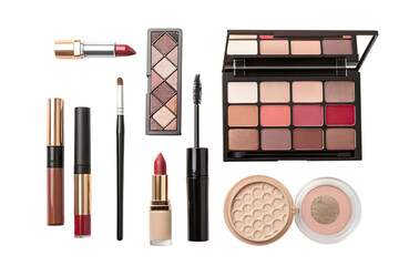 flat lay of various makeup products colorful cosmetics all around
