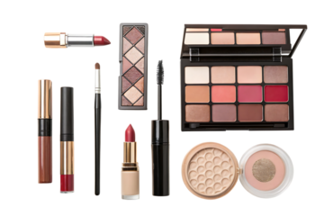 flat lay of various makeup products colorful cosmetics all around