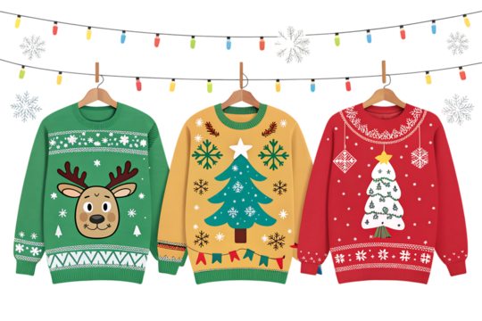 festive colorful holiday sweaters displayed joyfully
