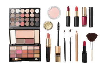 flat lay of various makeup products beauty essentials on display