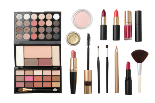 flat lay of various makeup products beauty essentials on display