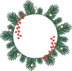 Vector Christmas round banner with fir branches and red holly berries (Ilex aquifolium).