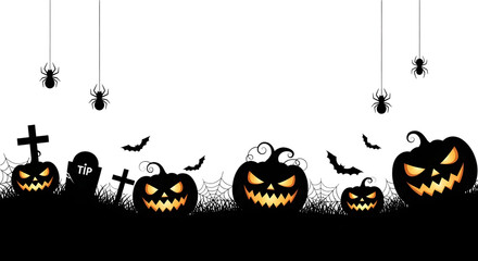 Halloween pumpkins, spiders, bats, and gravestones isolated on transparent background