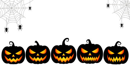 Row of scary halloween pumpkins isolated on transparent background