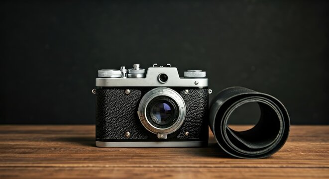 Vintage camera and film roll on wooden table