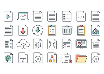 Collection of Document and File Icons in Flat Design Style Representing Various Functionalities and Purposes for Digital Applications and Interfaces