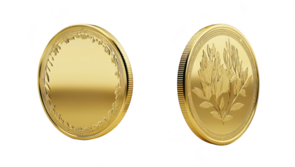 A pair of shiny gold coins featuring intricate designs. one side adorned with floral patterns and the other side plain. set against a clean white background. ideal for financial or investment-themed u