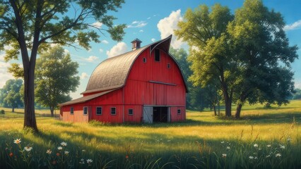 Red barn in grassy field under blue sky