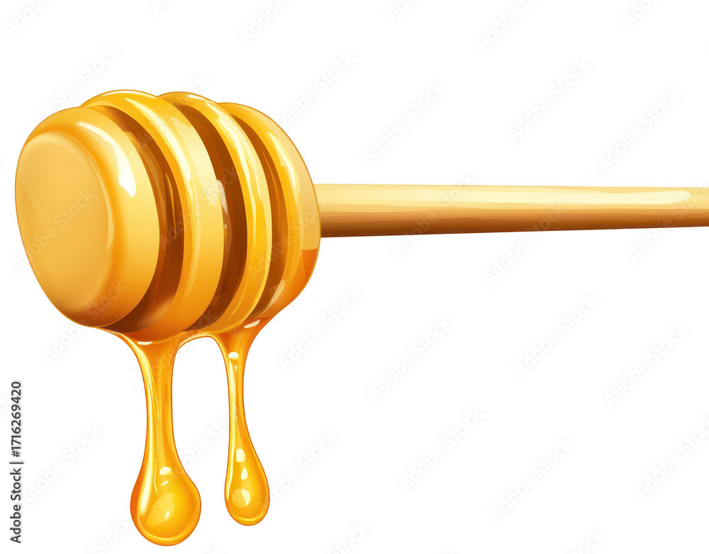 Poster a close-up view of a honey dipper dripping golden honey. its smooth texture and color against a clea