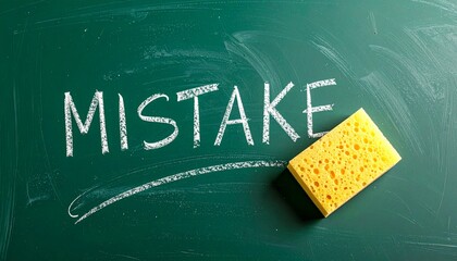 The word ‘mistake’ written in white chalk on a classic green chalkboard, with a damp school sponge placed nearby 
