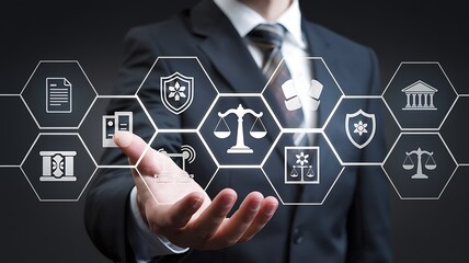 Businessman presenting digital law and justice icons with legal scale, document, and court symbols. Concept of legal technology, compliance, corporate law, regulation and governance system.