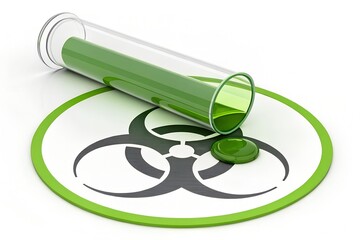 Infectious Materials Spill Icon. Biohazard Symbol with Spilling Test Tube for Laboratory Warning, Chemical Hazard, and Virology Safety Sign. 3D Design.