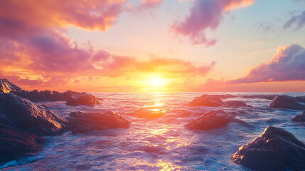 Vibrant Sunset Over Rocky Shoreline with Fiery Sky - Banner