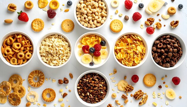 Assorted breakfast cereals and snacks in bowls - Powered by Adobe