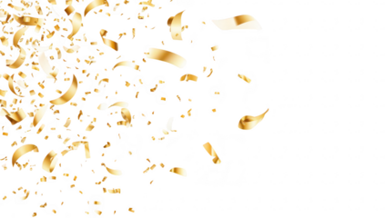 A dynamic burst of golden confetti ribbons cascading from the top left corner against a clean white background. perfect for celebratory themes. invitations. or festive events