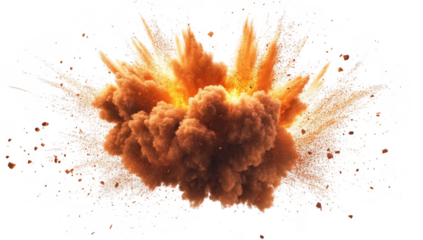 A dramatic explosion of orange and brown smoke billowing upward. creating a powerful visual impact against a white background. ideal for conveying energy or destruction in various media