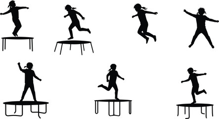 Girl jumping on trampoline silhouette, children outdoor play, active kids exercise, bounce fun activity, healthy lifestyle, trampoline sport, vector illustration