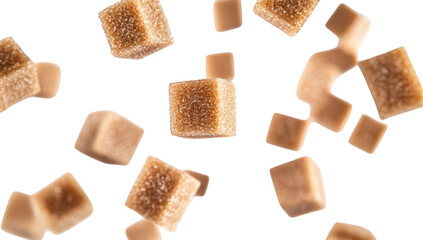 A dynamic composition of brown sugar cubes floating against a soft. blurred background. their texture and color. ideal for culinary or food-related projects