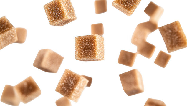 A dynamic composition of brown sugar cubes floating against a soft. blurred background. their texture and color. ideal for culinary or food-related projects