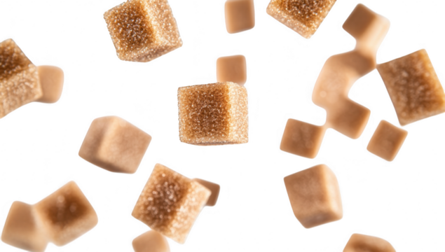 A dynamic composition of brown sugar cubes floating against a soft. blurred background. their texture and color. ideal for culinary or food-related projects