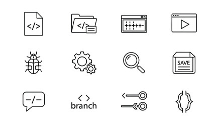 Collection of digital icons representing software development and coding concepts vector