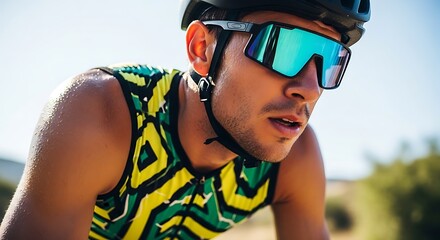 Man in cycling gear with helmet and sunglasses looking forward with sweat on skin close up shot