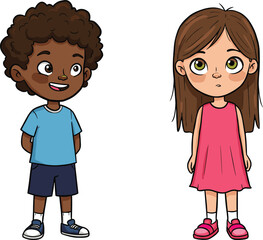 Cartoon children standing together, diverse characters, cute illustration, childhood expression, vector art, casual clothing, smiling boy, neutral girl, playful design