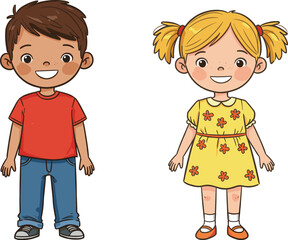 Cartoon children standing together, smiling boy and girl, colorful illustration, cheerful kids, vector art, childhood, happy faces, playful, cute design