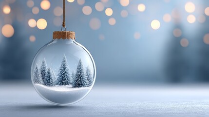 Christmas party joy decorating with hanging glass ornaments in a snowy landscape environment
